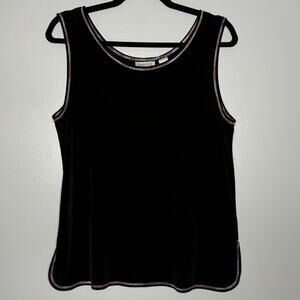 Chicos Travelers SZ 2 (12-14) Tank Black Rainbow Stitching Round Hem Slit Slinky